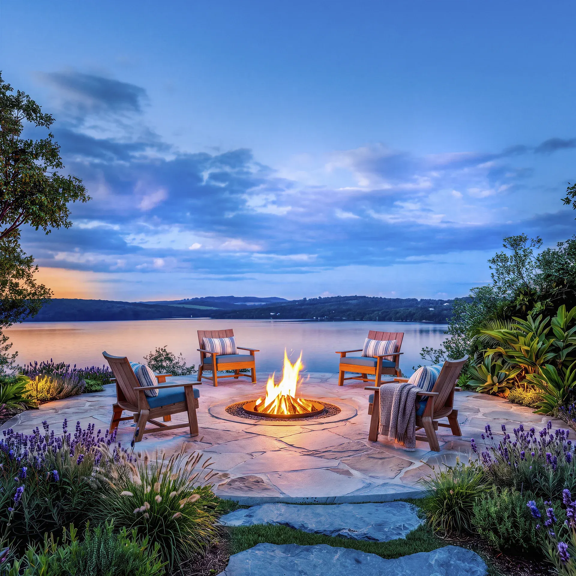 Lounge com firepit ao entardecer